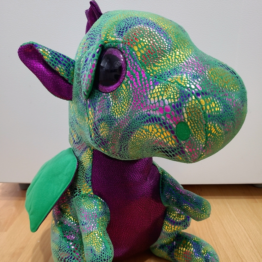 TY Beanie Boo Cinder Dragon Plush 17” Large Green Purple Glitter Eyes